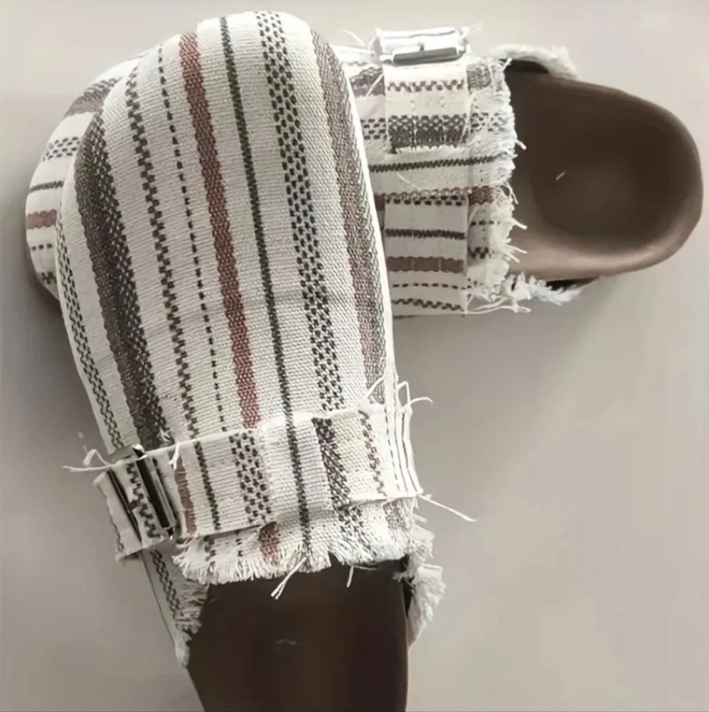 Striped Raw Edge Fabric Flat Clogs, Size 11, NWT - Picture 1 of 4